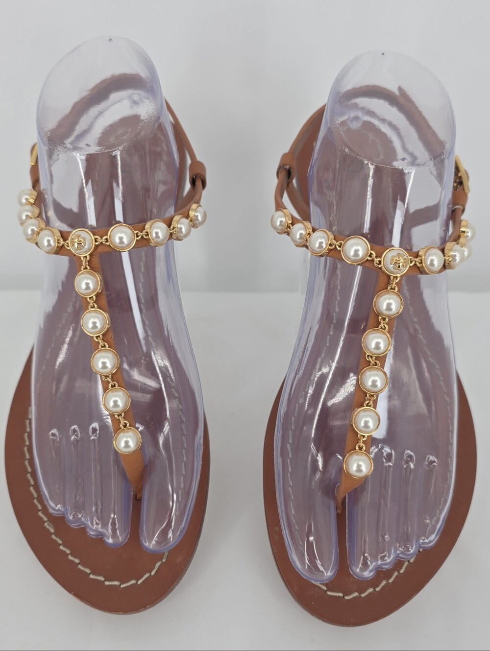 Tory Burch Emmy Pearl Sandals Womens 8.5 Brown Leather T Strap Gold Logo